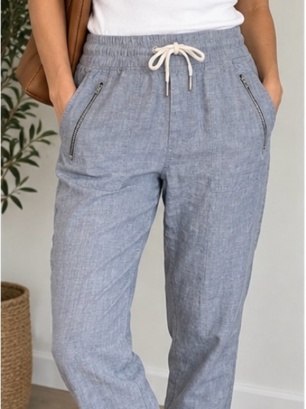 Athleta Linen Blend Jogger Pants Gray Blue Drawstring Zip Pockets Size 4